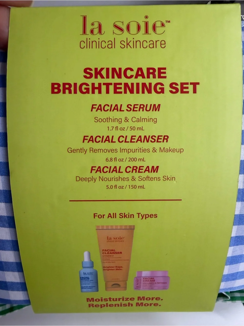 Skincare Brightening Set - Blue & White Gingham Pouch